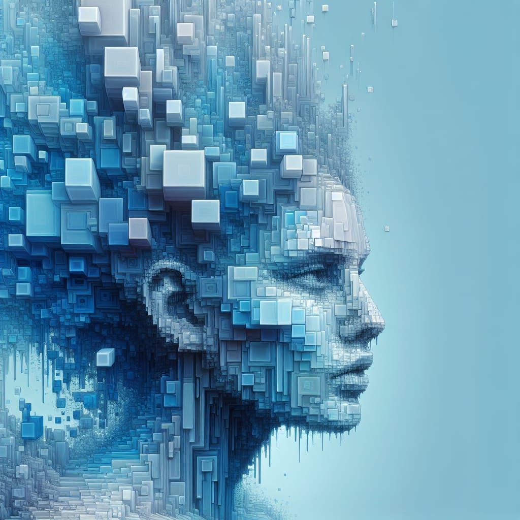 Hispanic Woman Melting into Light Blue Cubes