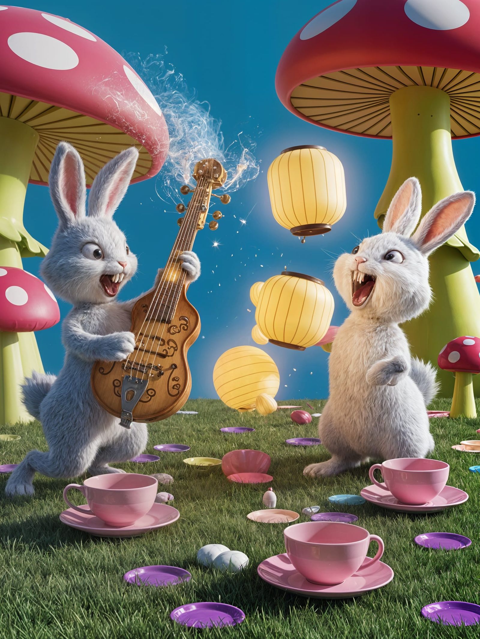 Whimsical Rabbit Tea Party in 3D Cartoon Style