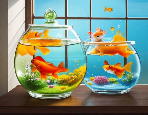 Cheerful Mice Hugging by a Fishbowl: Concept Art