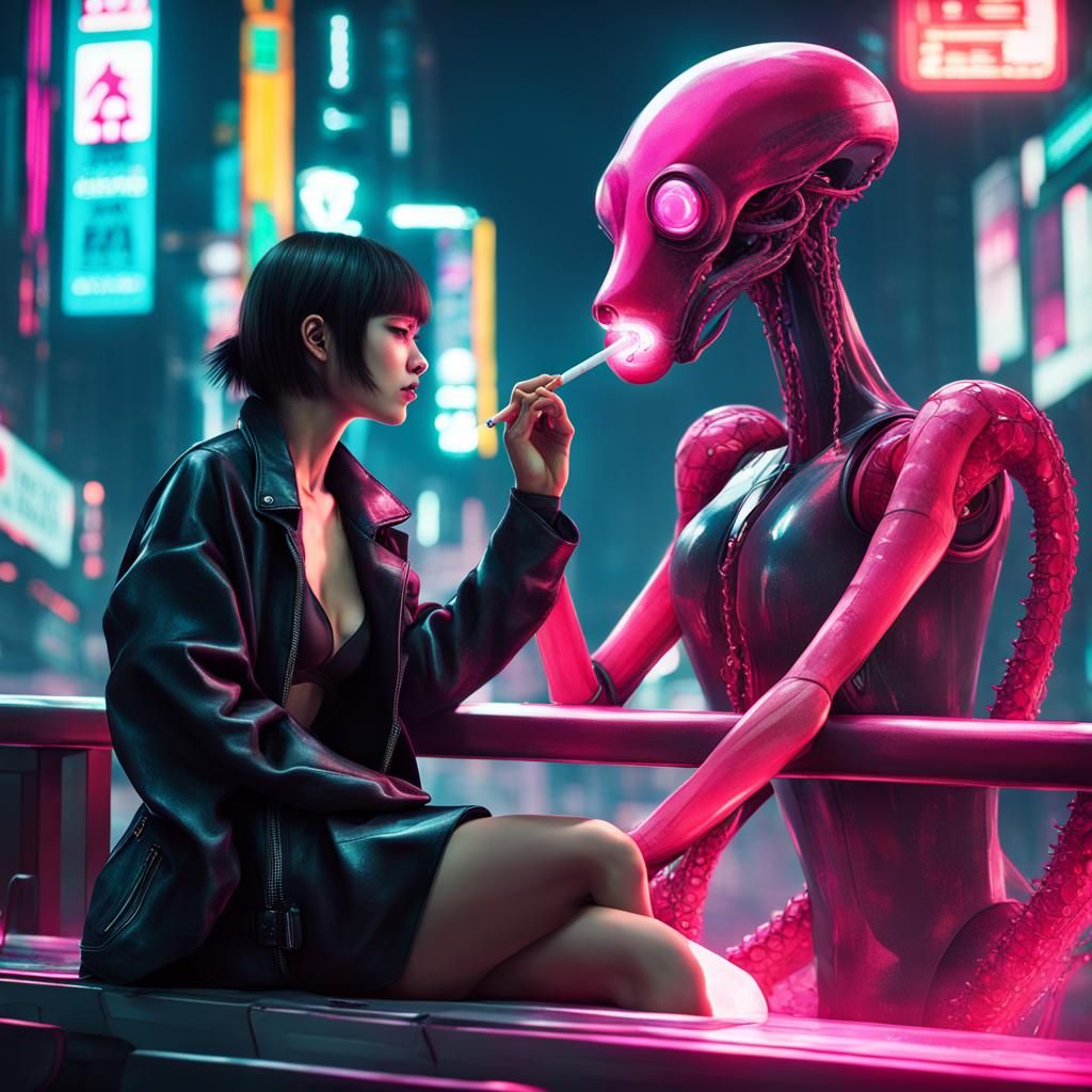 Robot Girl Smoking in Cyberpunk Tokyo with Octopi
