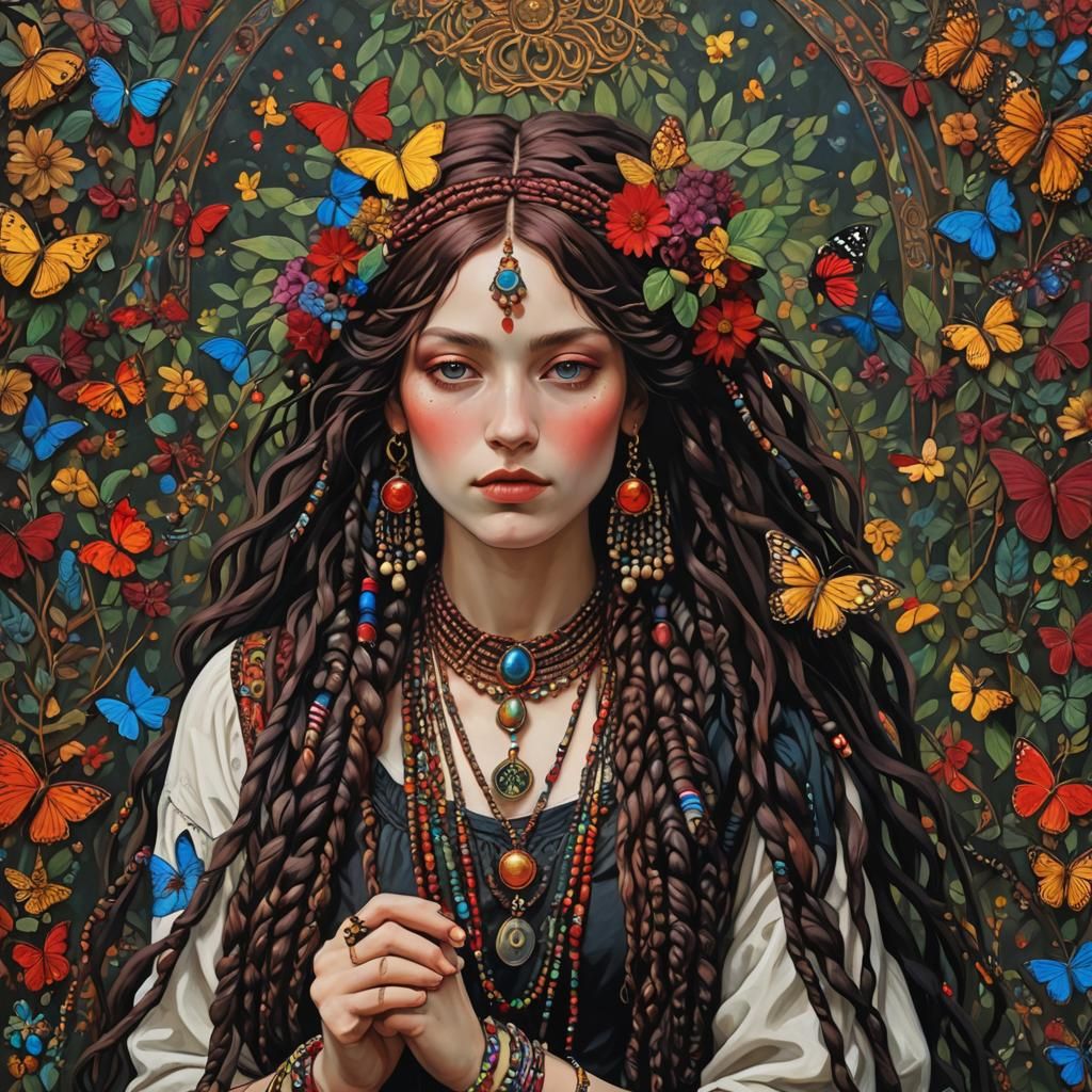 Hippie Girl with Braids in Vivid, Maximalist Style