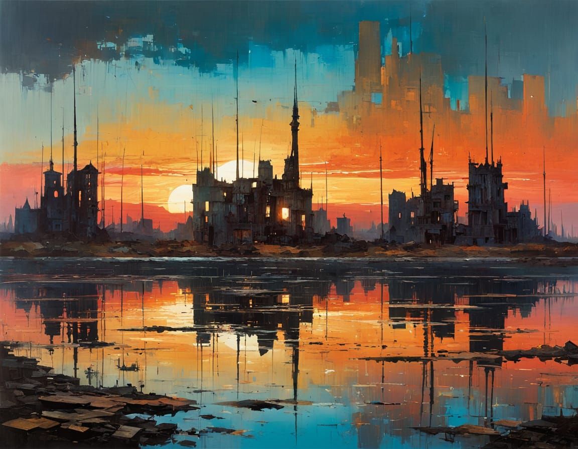 Surreal Ruined Cityscape in Expressive Watercolors