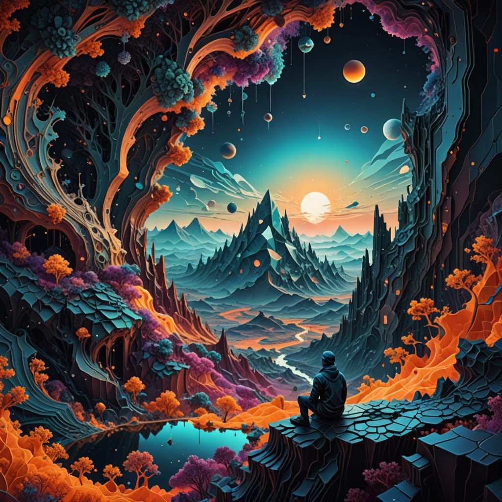 Geometric Fractal Landscape with Contemplative Figure