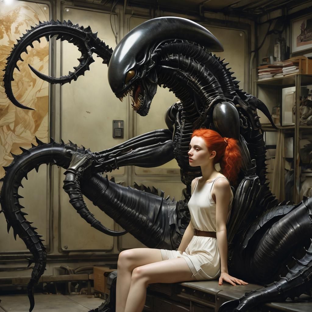Girl and Xenomorph in Surrealist Portrait Style