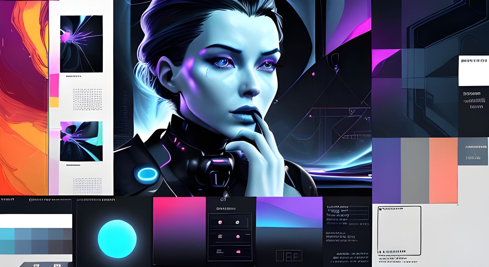 The mood board would include: Sleek, futuristic fonts. Images depicting AI, profile of a female face and technology in a...