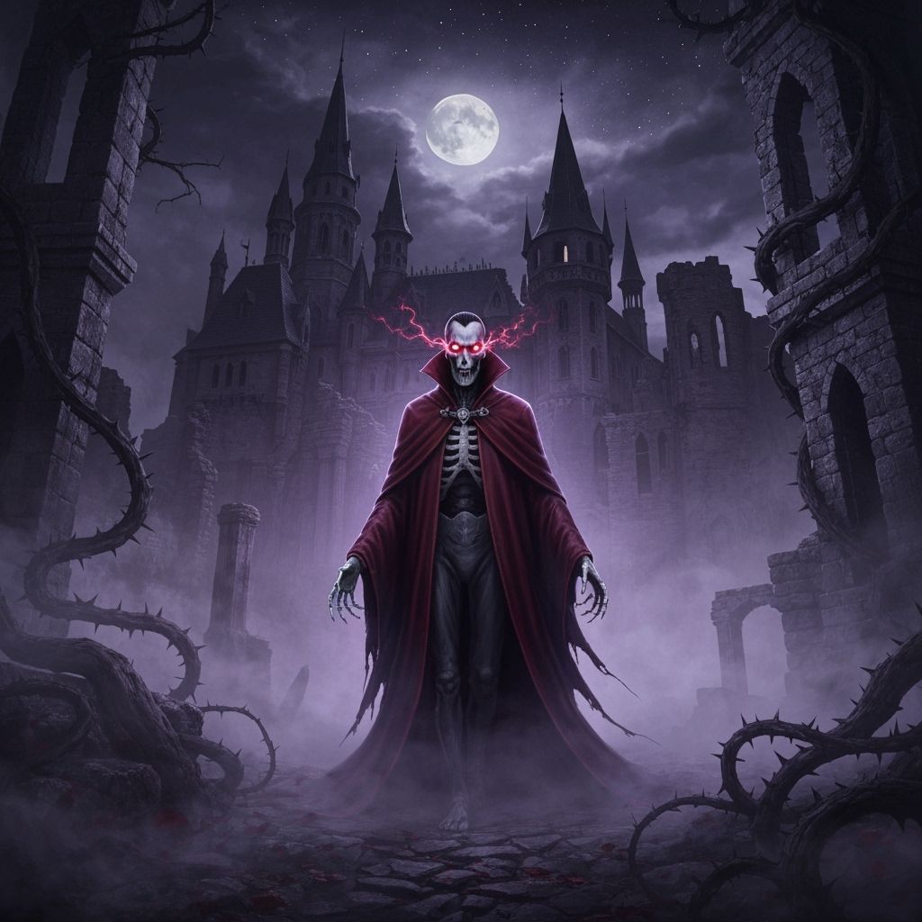 Skeletal Dracula Before Gothic Castle in Dark Fantasy Matte ...