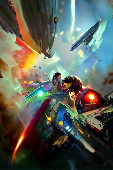 Epic Spaceship Battle in Storybook Comic Style