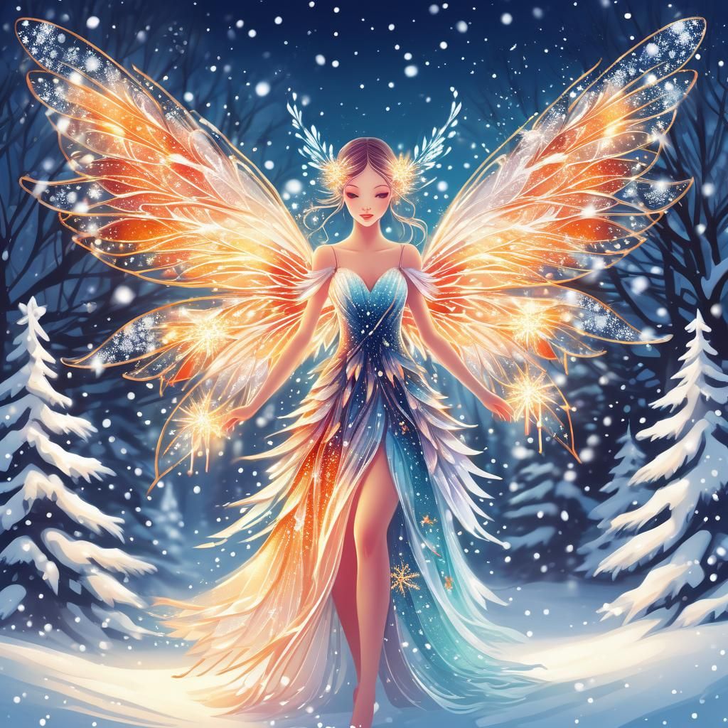 Glowing Christmas Fairy with Snowy Winter Scene