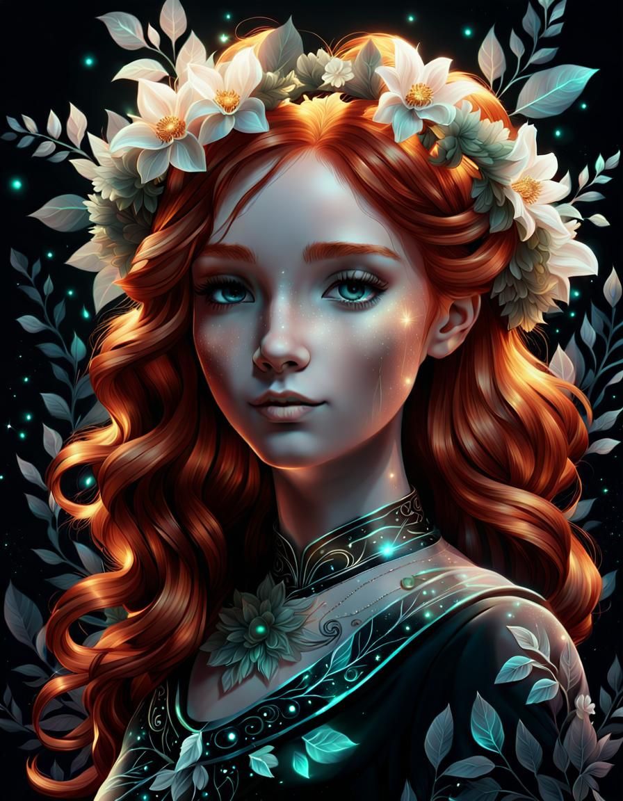 Charming Redhead Portrait with Luminous Floral Wreath