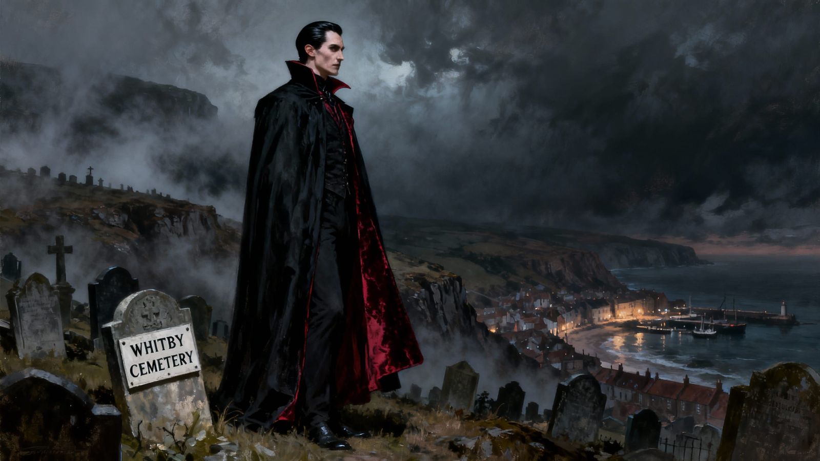 Dracula in Misty Graveyard on Cliffs