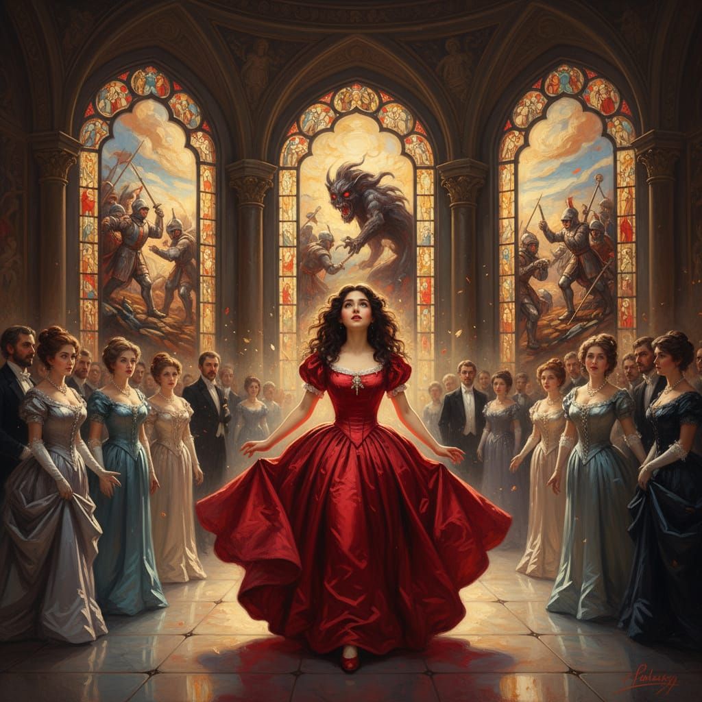 Teenager in Red Gown Awestruck by Grand Ballroom