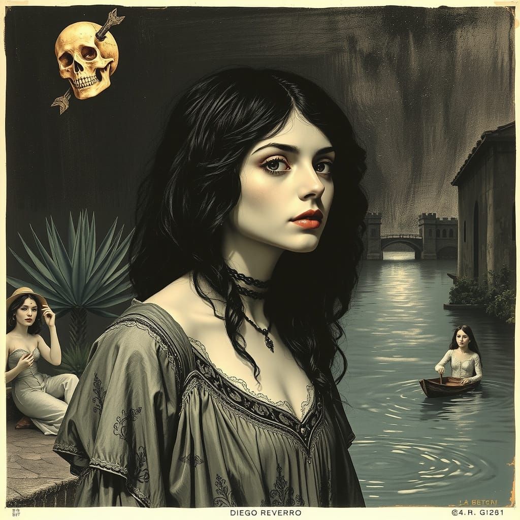 Portrait, Diego Rivera, Gothic La Llorona Wandering By River, Spectral, Poster Art, H.R. Giger