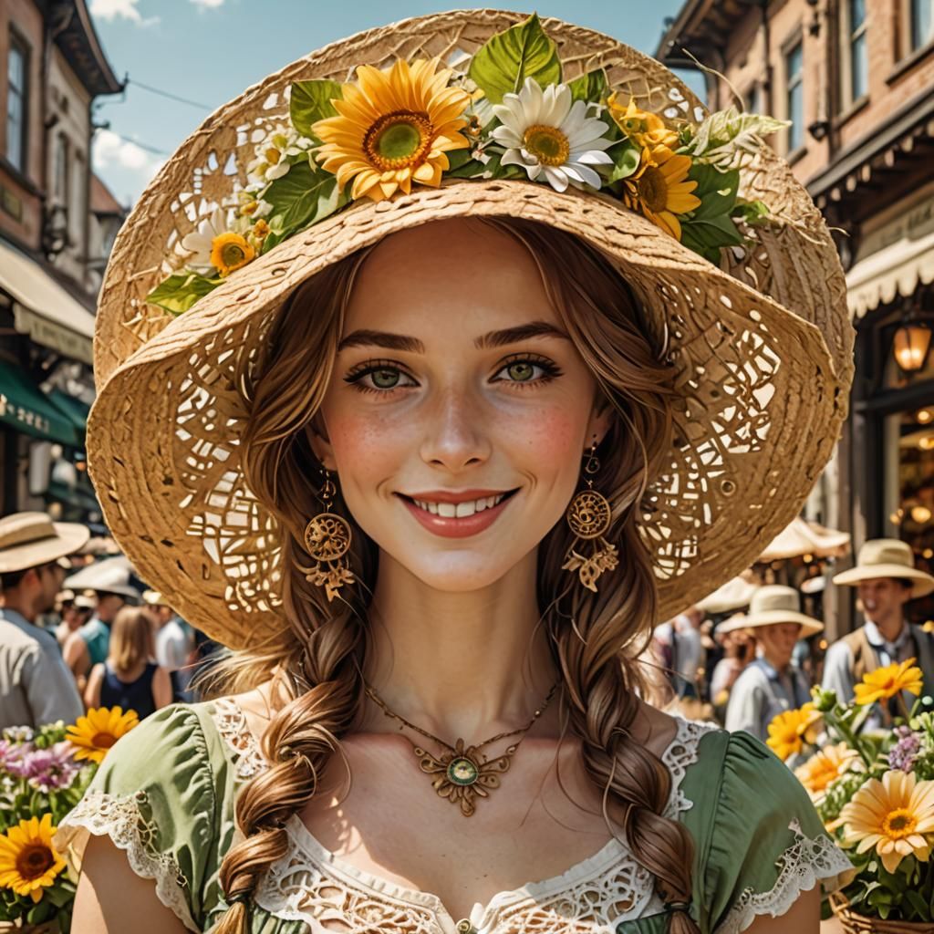 Charming Lady with Summer Hat in Market