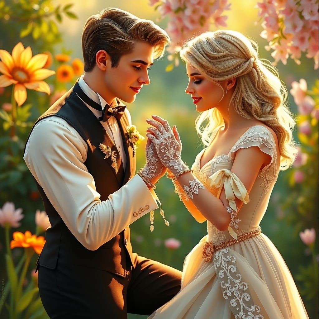 Elegant Gentleman Proposes to His Lady in a Vibrant Garden