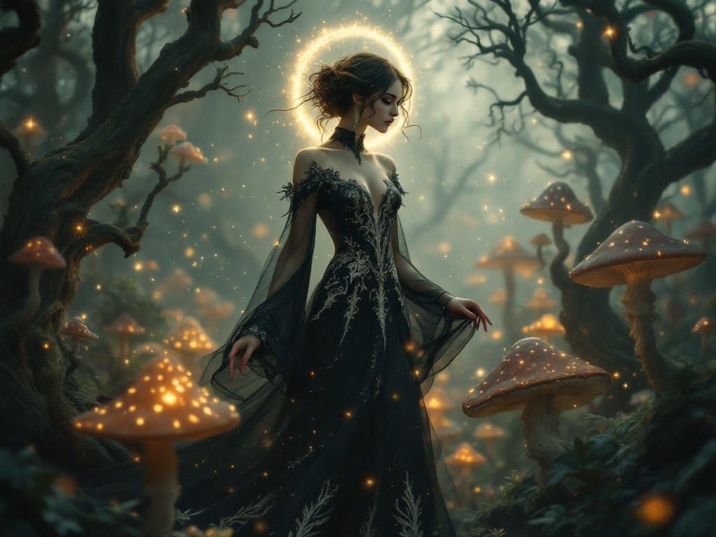 Mystical Woman in a Whimsical Forest of Twisted Trees and Gl...