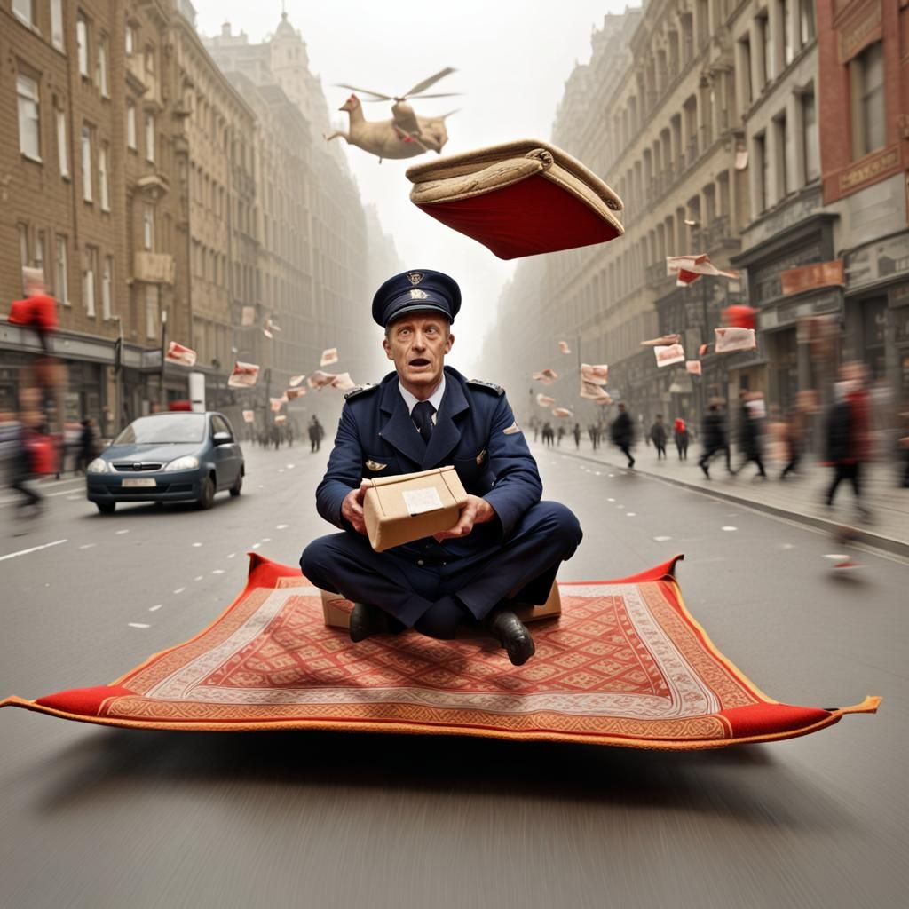 Postman on Flying Carpet in Surreal Photo