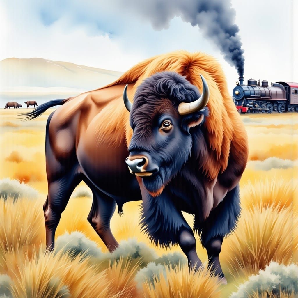 American Bison and Steam Train in Watercolor Style