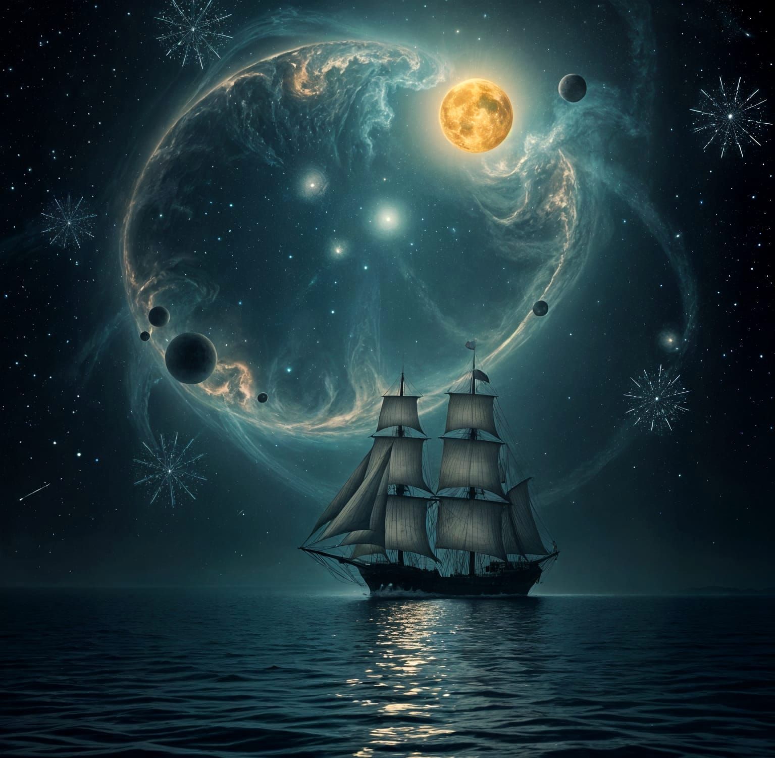 Cosmic Sailing Ship Through Starfield Nebula