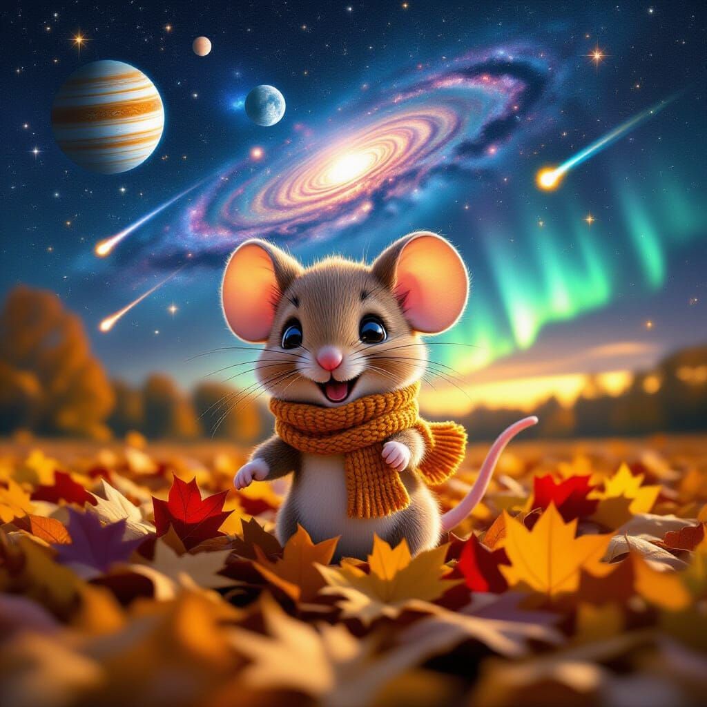 Chibi Mouse in Autumn Leaves Under Starry Night Sky