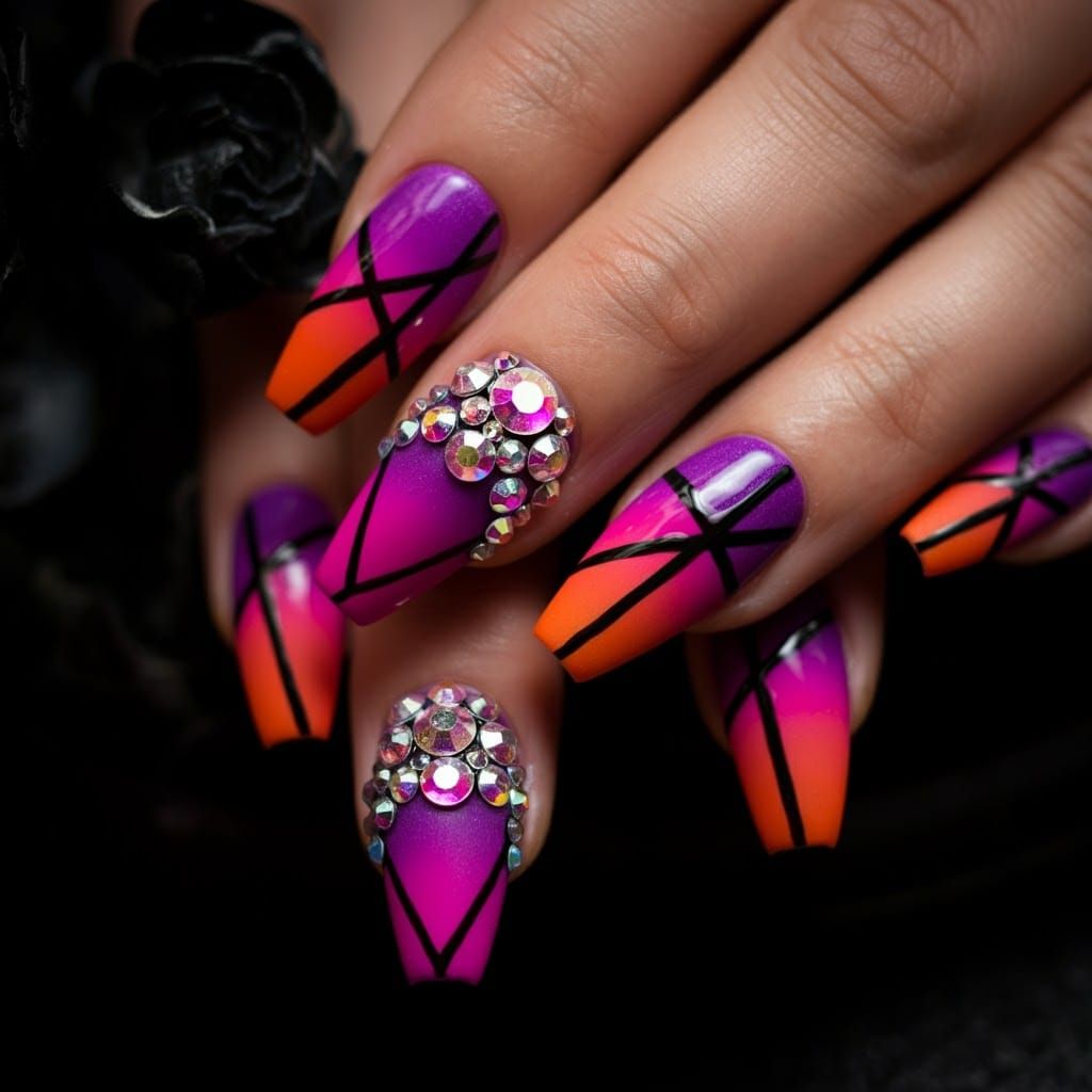 Vibrant Nail Art with Geometric Rhinestone Design