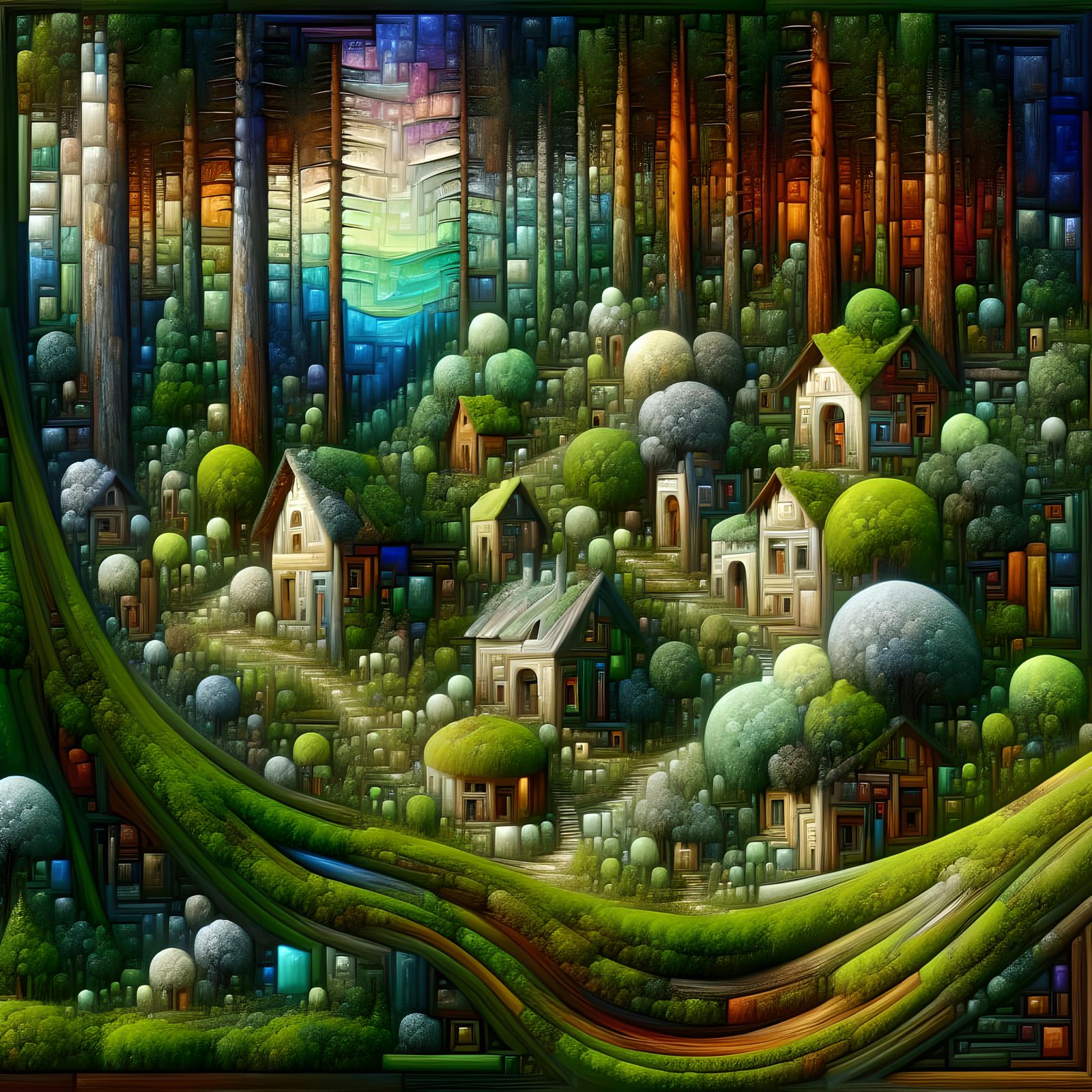 Dreamlike Forest Dwellings in Impressionistic Surrealism