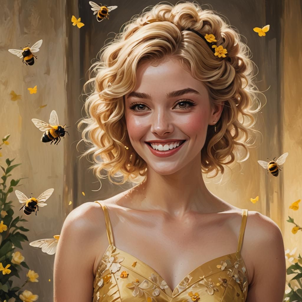 Young Woman with Bumblebee Wings in Matte Painting