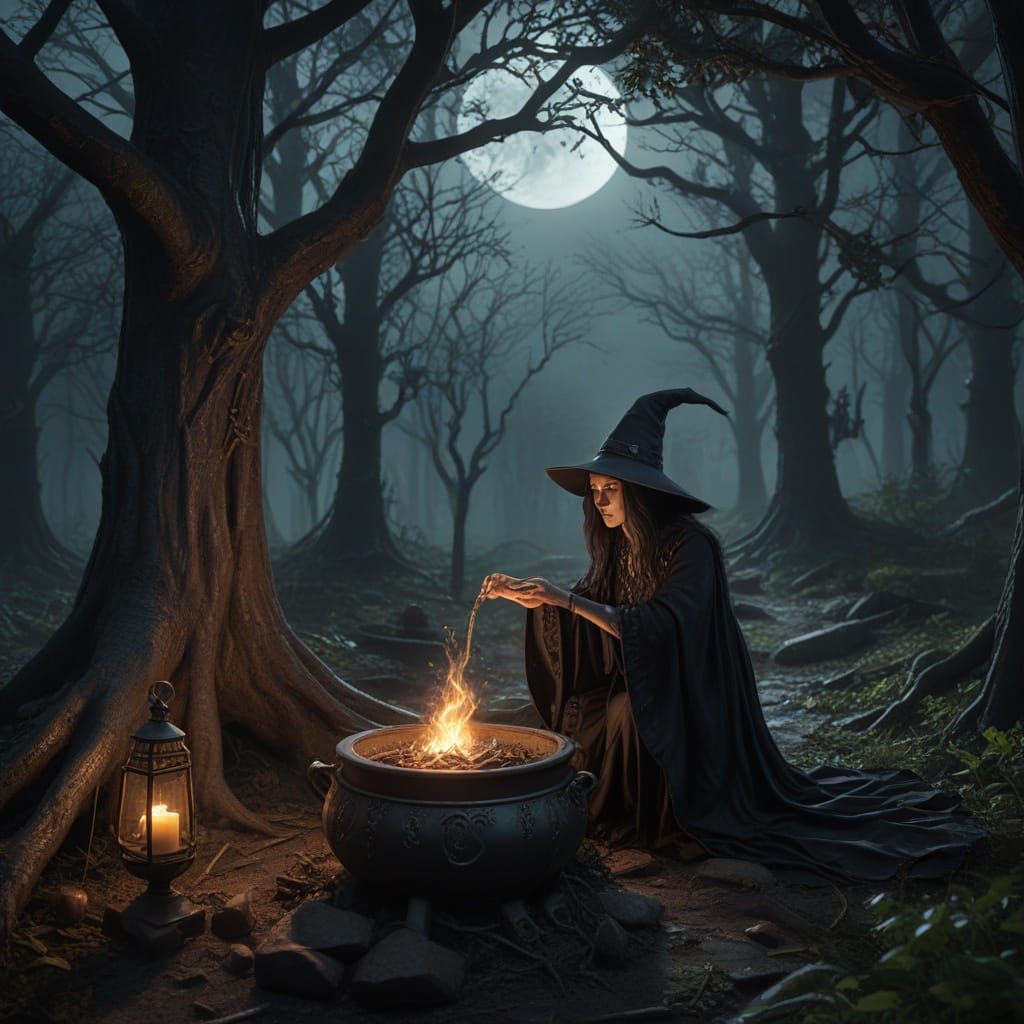 Witch Brewing Potion in Haunted Forest