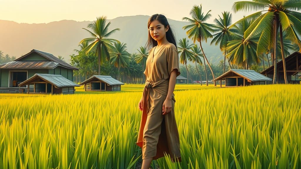 Asian Woman in Rice Field with Oil Painting Textures