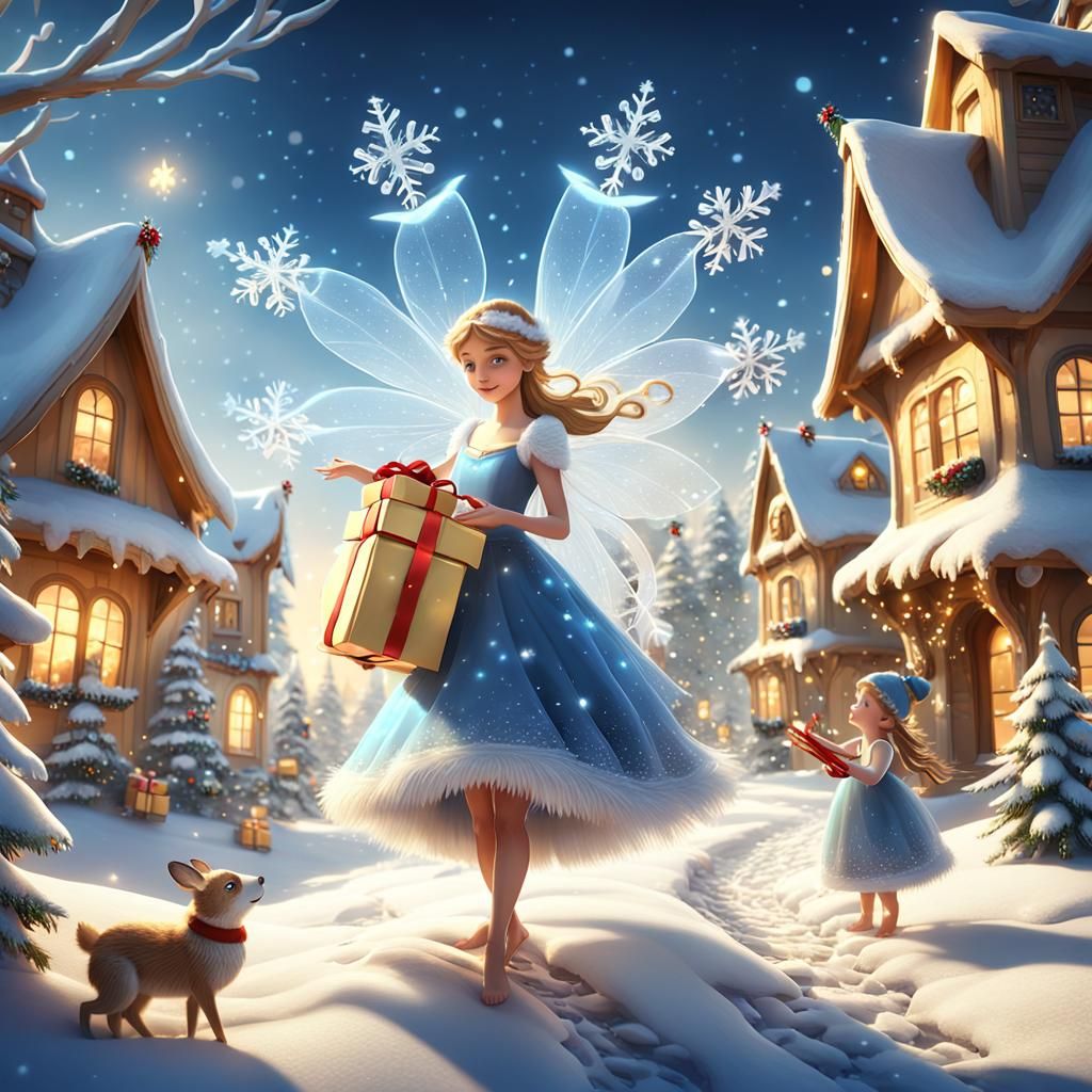 Snow Fairy Distributing Christmas Gifts: Fantasy Art
