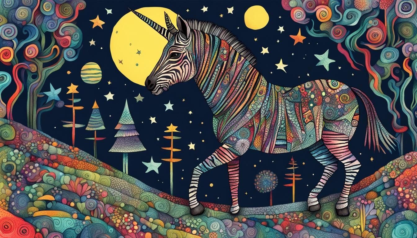 Vibrant Zentangle Zebracorn in Moonlit Forest