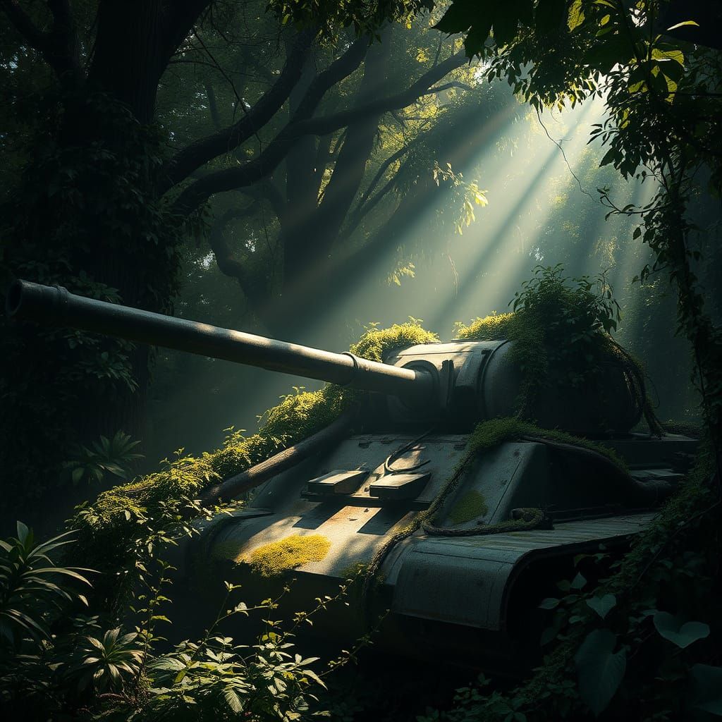 Abandoned Jungle Tank Overgrown with Foliage