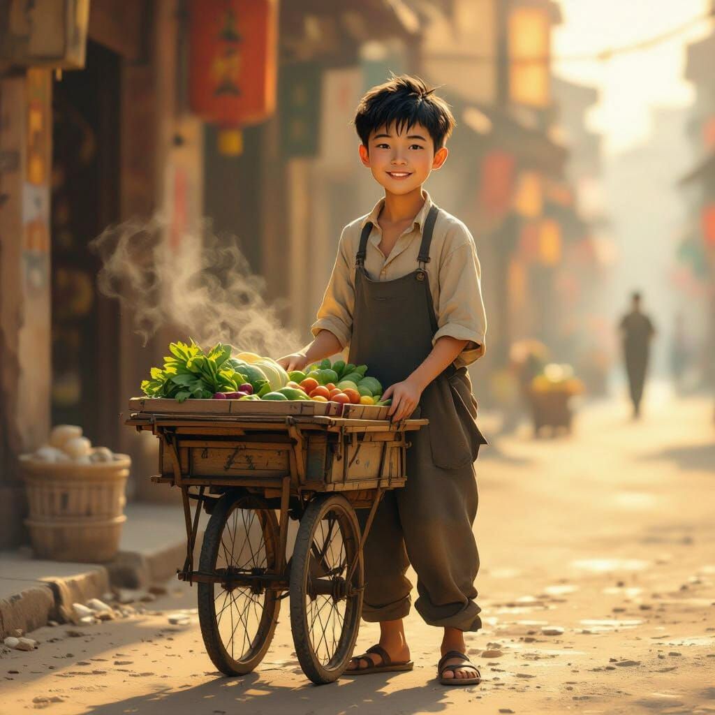 Young Asian Man With Vegetable Cart on Dusty Street