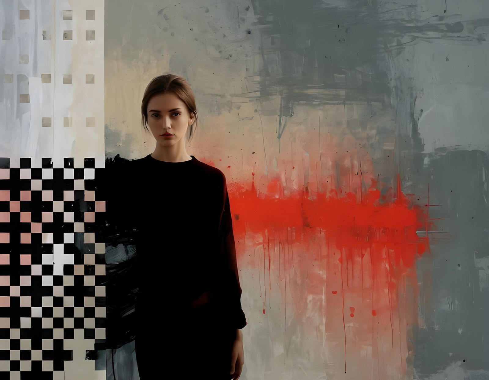 Dynamic Female Form in Vibrant Red and Gray