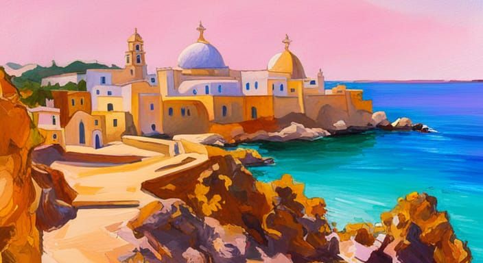 Ibiza Fantasy Landscape in Gouache Watercolor Style