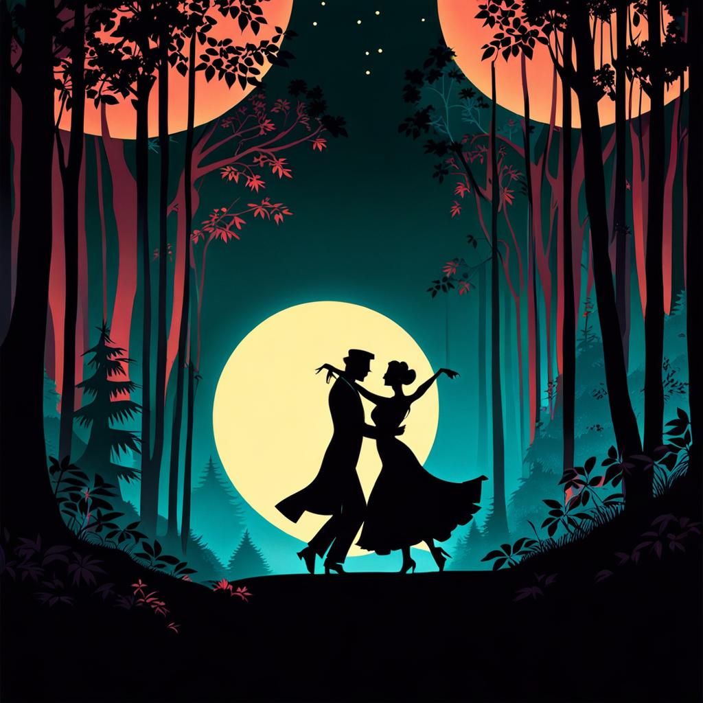 Passionate Tango in Moonlit Forest: Shadow Puppet Style