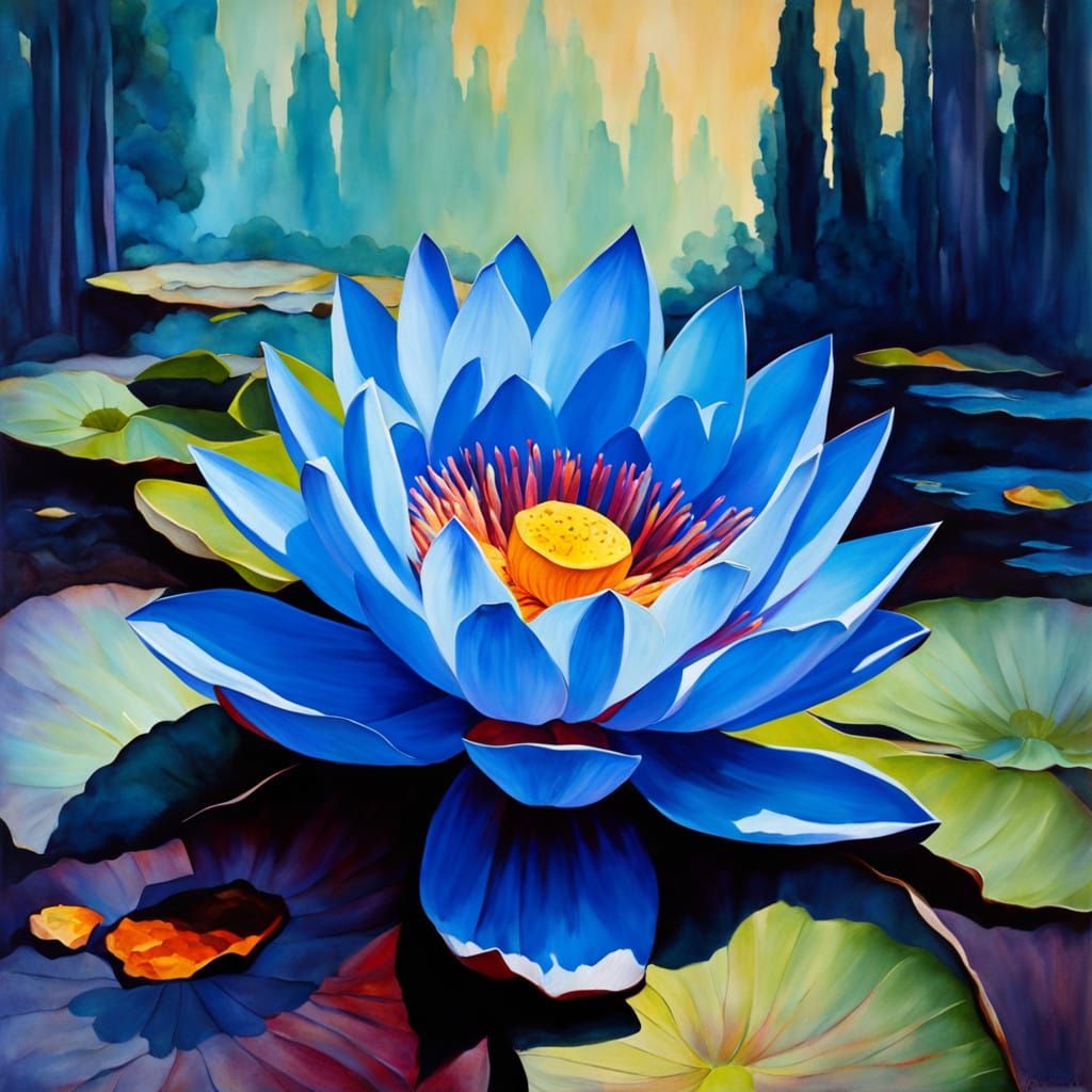 Ethereal Blue Lotus Blooms with Swaddled Baby and Luminous O...