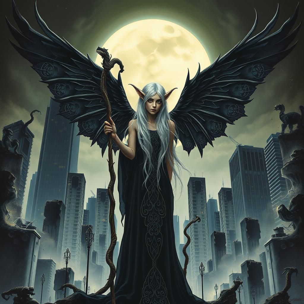 Dark Fairy Elf Witch in Dystopian City