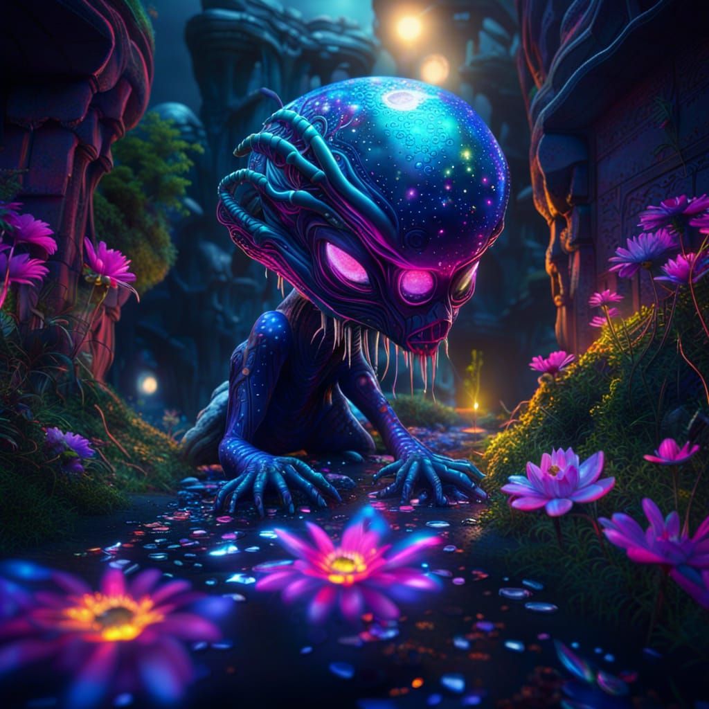 Alien World: Bioluminescent Waterfall in Graffiti Art Style