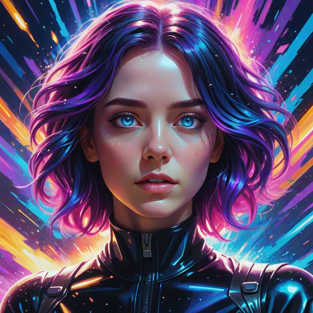 Woman with Purple Hair in Sci-Fi Oil Painting