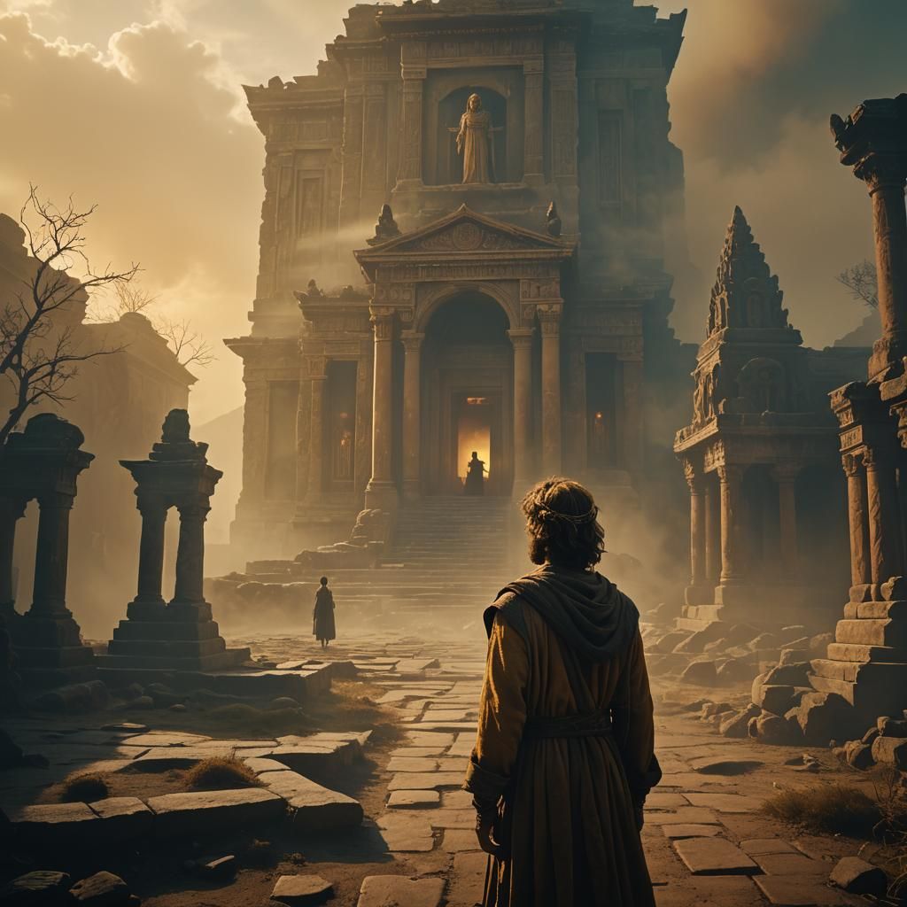 Eerie Temple Scene with Glowing Mist, Cinematic Still