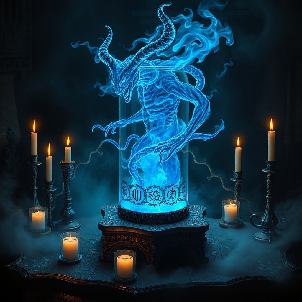 Ethereal Blue Flame Devil in Mystical Jar