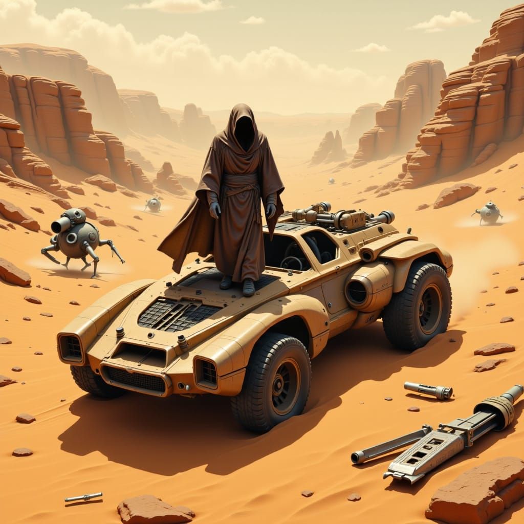 Jawa in Tatooine Desert Landscape as Retro Sci-Fi Art
