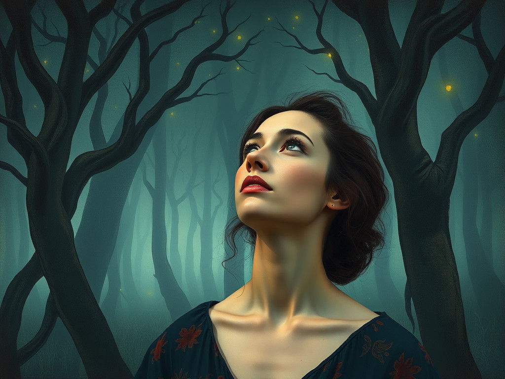 Contemplative Woman in Misty Forest, Surrealist Style