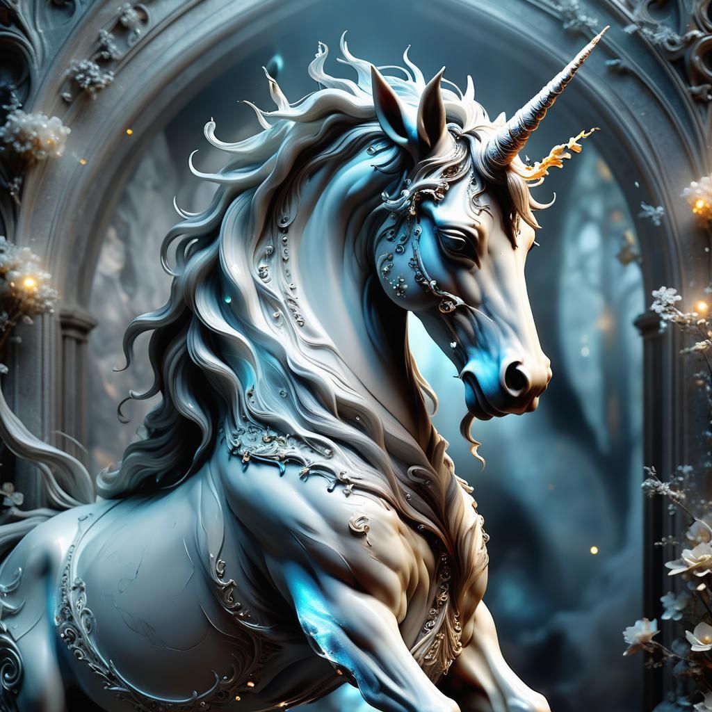 Gothic Unicorn Marble Sculpture in Dreamlike Style
