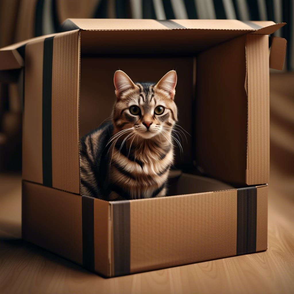Striped Cat Comfortably Sitting in Cardboard Box