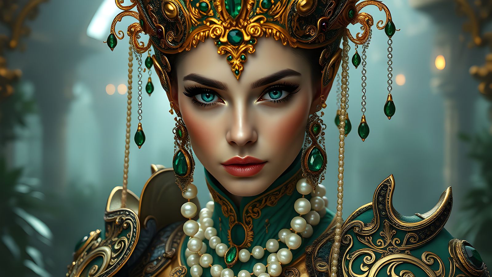 Surreal Goddess Empress in Emerald and Gold Armor
