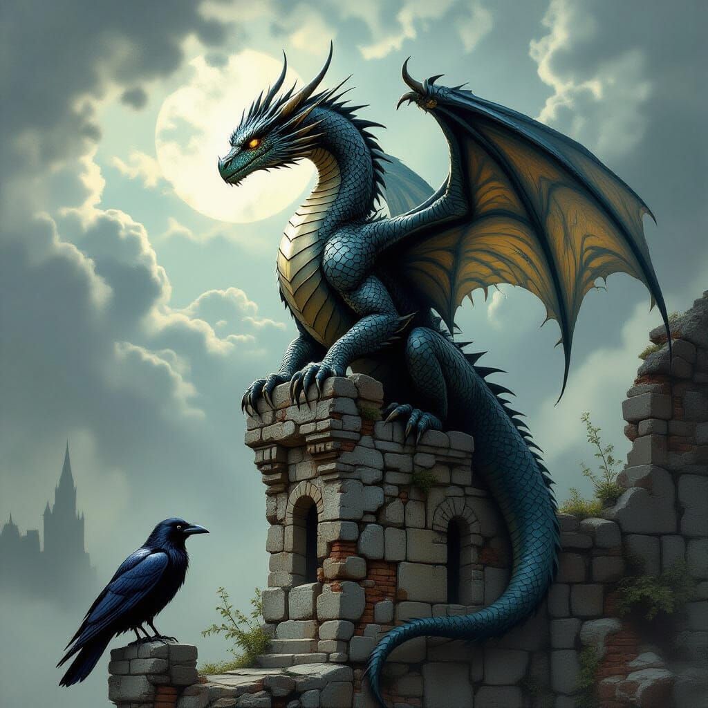 Majestic Dragon on Ancient Ruin: Dark Fantasy Art