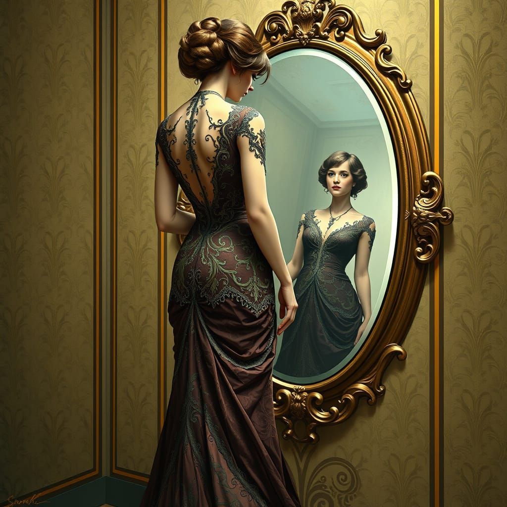 Elegant Woman in Lavish Art Nouveau Gown, Revealing Reflecti...