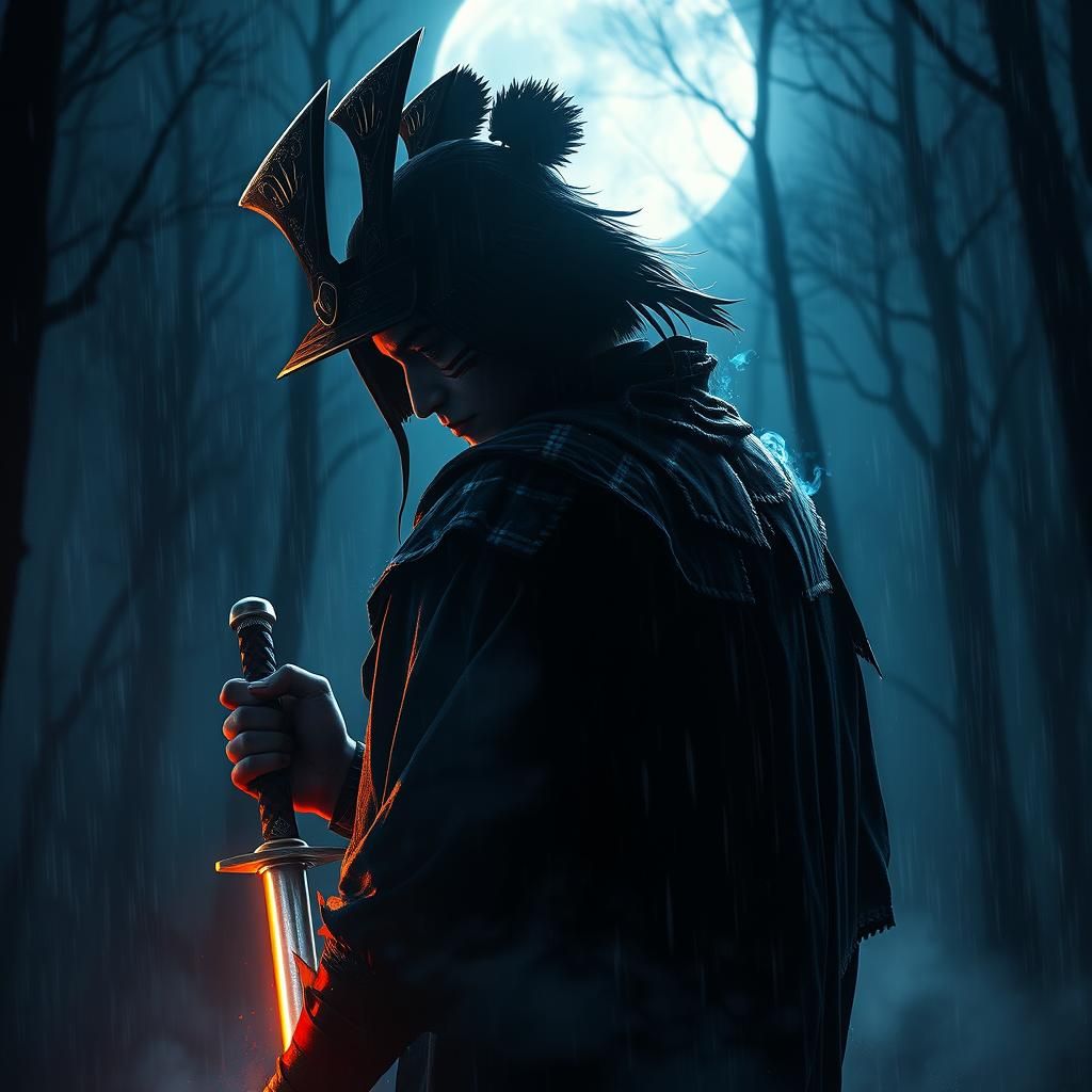 Moonlit Samurai Warrior in Blue Flames