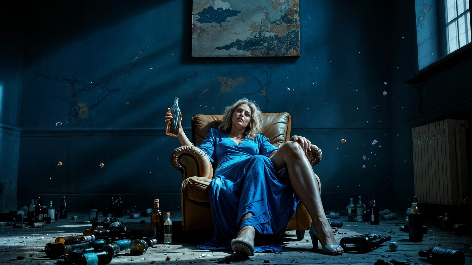 Hyperrealistic Decayed Blue Room with Modern Art